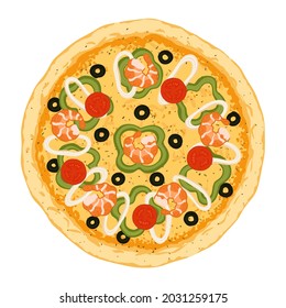 Pizza topped with mozzarella cheese, prawns, calamari, cherry tomatoes, black olives, green bell pepper. Vector illustration of hand drawn Seafood pizza. 