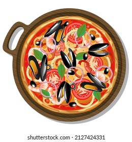 Pizza topped with mozzarella cheese, prawns, calamari, tomatoes, black olives, shrimp, mussel, green bell pepper. Isolated illustration.
