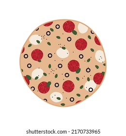 Pizza topped with mozzarella cheese, salami or pepperoni sausage, basil, black olives and black pepper. Tasty Italian pizza. Vector illustration for menu restaurant.