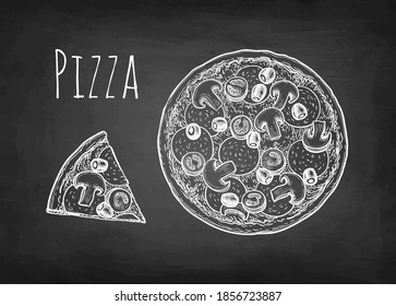 Pizza topped with mushrooms, olives and sausage. Chalk sketch on blackboard background. Hand drawn vector illustration. Retro style.