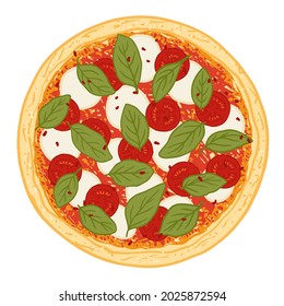 Pizza con salsa de tomate, queso mozzarella, tomates y albahaca. Ilustración vectorial de la pizza margherita hecha a mano. 