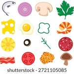 Pizza Topping Elements Set, Ingredients for Pizza Design, Vector Illustration