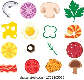 Conjunto de Elementos de Tampa de Pizza, Ingredientes para Design de Pizza, Ilustração de Vetor