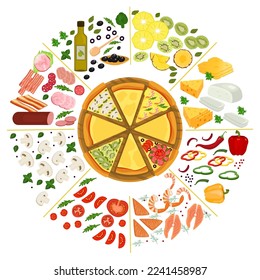 Pizza topping ingredients cartoon collection, vector illustration. Pizza on wooden tray, delicious hot dinner at cartoon table.