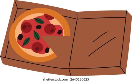 A pizza with toppings in a brown open box in flat style. The box reveals a missing slice, showing olives and basil leaves. Cartoon vector illustration.