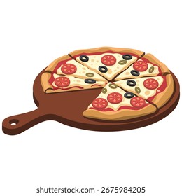 Pizza mit Belag, isometrische einzelne Vektorgrafik auf weißem Hintergrund