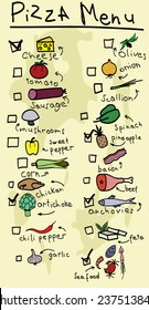 Pizza toppings for pizza menu. You can tick the ingredients for your own pizza.