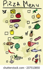 Pizza toppings for pizza menu. You can tick the ingredients for your own pizza.
