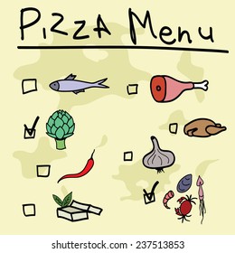 Pizza toppings for pizza menu. You can tick the ingredients for your own pizza.