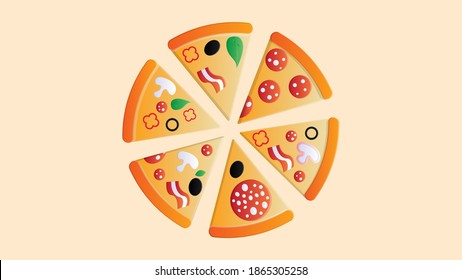 pizza with toppings on a pink background, vector illustration. a lot of pizza slice with different toppings of salami with lard, olives, bacon and herbs. fragrant hearty pizza