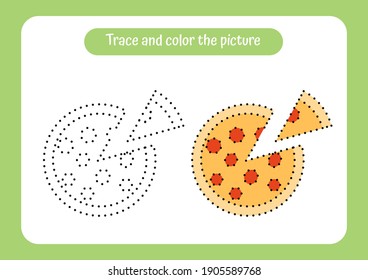 Pizza. Trace and color the picture. Educational game for children. Handwriting and drawing practice. Food theme activity for toddlers, kids. Vector illustration.