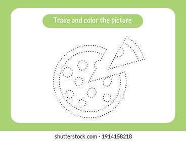 Pizza. Trace and color the picture. Educational game for children. Handwriting and drawing practice. Food theme activity for toddlers, kids. Vector illustration.