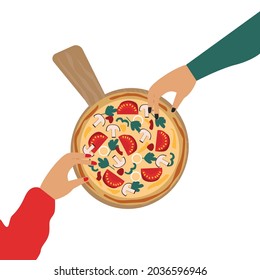Pizza. Traditional italian food. Fresh pizza with tomato, cheese, onion, basil, mushrooms, onions, dill, peppers. vector illustration