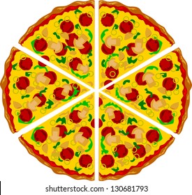 Pizza triangle shape with mushrooms cheese and several ingredients on it. Airbrush illustration