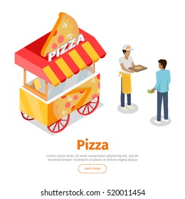 Pizza Trolley In Isometric Projection Style Design Icon. Street Fast Food Concept. Food Truck With Umbrella Illustration. Isolated On White Background. Mobile Shop With Cooker And Buyer. Vector