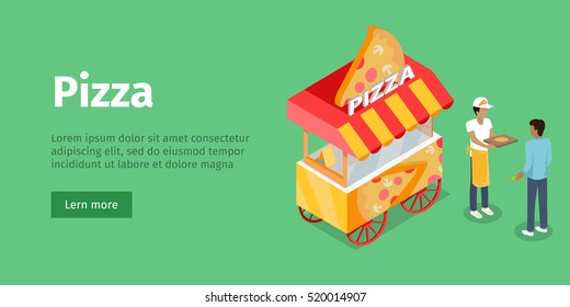 Pizza trolley in isometric projection style design icon. Street fast food concept. Food truck with umbrella illustration. Isolated on green background. Mobile shop with cooker and buyer. Vector