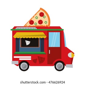 pizza truck delivery fast food urban business icon. Flat and isolated design. Vector illustration