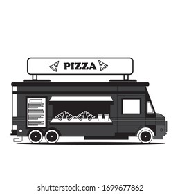 Pizza truck of delivery rides at high speed. City skyscrapers, clouds and sun on the background. Flat vector illustration.