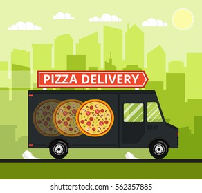 Pizza truck of delivery rides at high speed. City skyscrapers, clouds and sun on the background. Flat vector illustration.