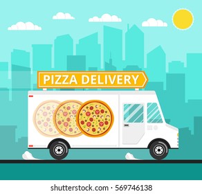 Pizza truck of delivery rides at high speed. City skyscrapers, clouds and sun on the background. Flat vector illustration.