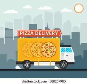 Pizza truck of delivery rides at high speed. City skyscrapers, clouds and sun on the background. Flat vector illustration.