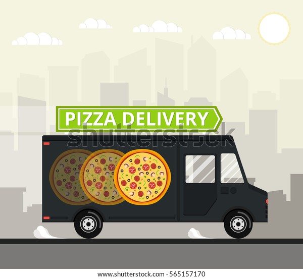 Pizza\
truck of delivery rides at high speed. City skyscrapers, clouds and\
sun on the background. Flat vector\
illustration.