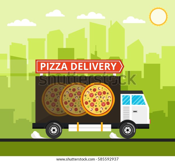 Pizza\
truck of delivery rides at high speed. City skyscrapers, clouds and\
sun on the background. Flat vector\
illustration.