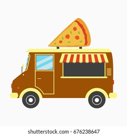 Pizza truck. Fast pizzeria van with signboard in form of pizza slice. Vector illustration in flat style.