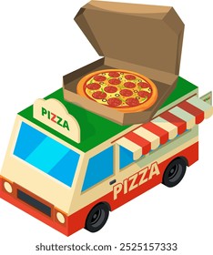 Pizza truck isometric icon. Delivery food transport