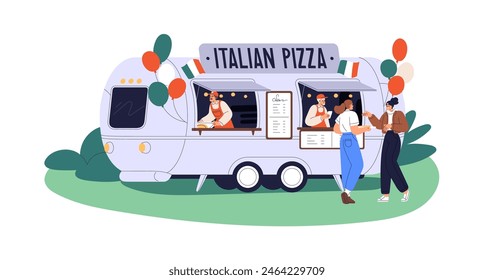 Pizza truck. Italian food, mobile cafe van. Happy people customers buying fast food. Women talking to vendor at street summer caravan, wagon. Flat vector illustration isolated on white background