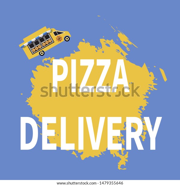 Pizza truck with sunshade over a shop window.\
Vector pizza wagon. Delivery service on a blue background. Flat\
illustration. Theme for web, site, advertisement, banner, poster,\
blackboard and print.