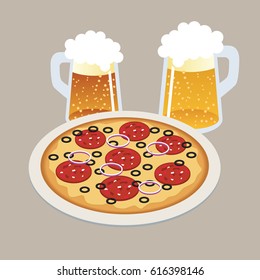 Pizza and two draft, beers in isometric 3d style Tasty pizza on the plate. Bar
