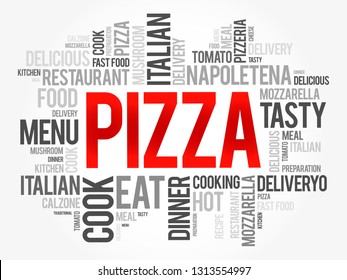 PIZZA - type of Italian dish that typically consists of a flatbread base topped with various ingredients, word cloud concept background