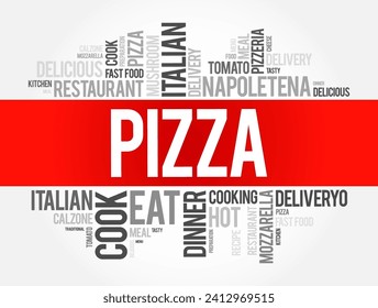 PIZZA - type of Italian dish that typically consists of a flatbread base topped with various ingredients, word cloud concept background