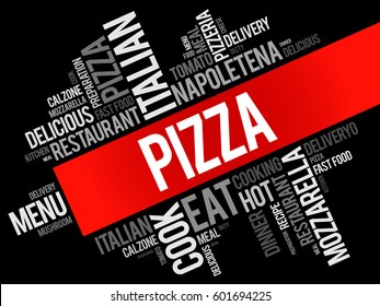 PIZZA - type of Italian dish that typically consists of a flatbread base topped with various ingredients, word cloud concept background