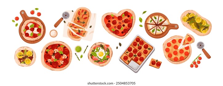 Pizza types set. Italian fast food pizza with different toppings. Flat vector illustration of a delicious pizza slice with pepperoni, mushrooms, and mozzarella.