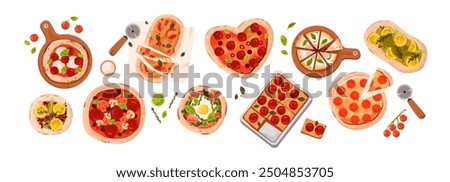 Pizza types set. Italian fast food pizza with different toppings. Flat vector illustration of a delicious pizza slice with pepperoni, mushrooms, and mozzarella.