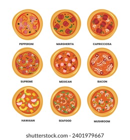 Pizza types set, Kind of pizza. Types of pizza, Different filling types, italian fast food, round dough cake, tomato sauce, cheese, vegetables and meat, whole pepperoni margherita and carbonara.