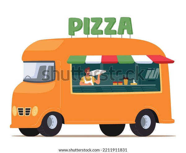 Pizza Van, Street Market Food Truck, Mini\
Pizzeria Restaurant, Mobile Bus Shop, Foodtruck Marketplace, Happy\
Man Seller Character Selling Takeaway Pizza Fastfood To People.\
Cartoon Vector\
Illustration