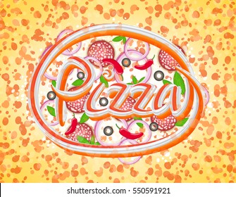 Pizza from a variety of ingredients, abstract lettering, stretched pixels
