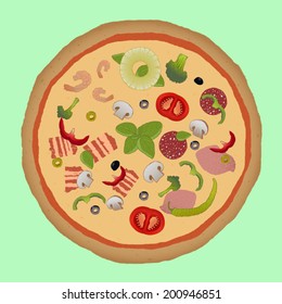 Pizza with a variety of toppings, hand drawn, vector illustration