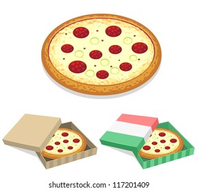 Pizza and its various boxes isolated over white background