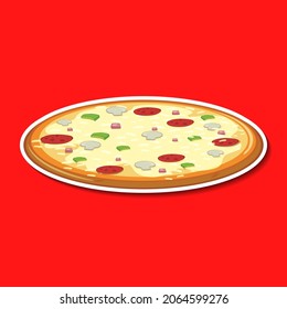 pizza with various ingredients. Whole pizza with mushrooms, tomatoes, onions, peppers and cheese. Italian pizza