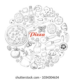 Pizza and various products in round. Vector illustration for your design