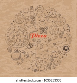 Pizza and various products in round. Vector illustration for your design