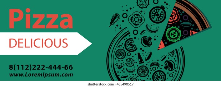 Pizza Vector black silhouette on a green background. Color slice.