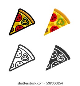 Pizza vector cartoon, colored, contour and silhouette styles icon set. Tasty fast food unhealthy meal. Isolated dishes on white background.