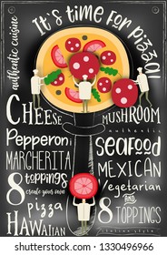 Pizza Vector Cartoon Illustration. Chefs Small Size making Big Pizza on Chalkboard Background.  