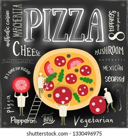 Pizza Vector Cartoon Illustration. Chefs Small Size making Big Pizza on Chalkboard Background. Chalk Text.