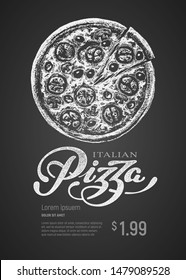 Pizza. Vector chalk drawing and lettering on blackboard. RGB Global colors